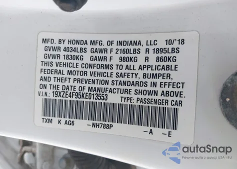 2019 Honda Insight Touring from USA, damaged, VIN 19XZE4F95KE013553